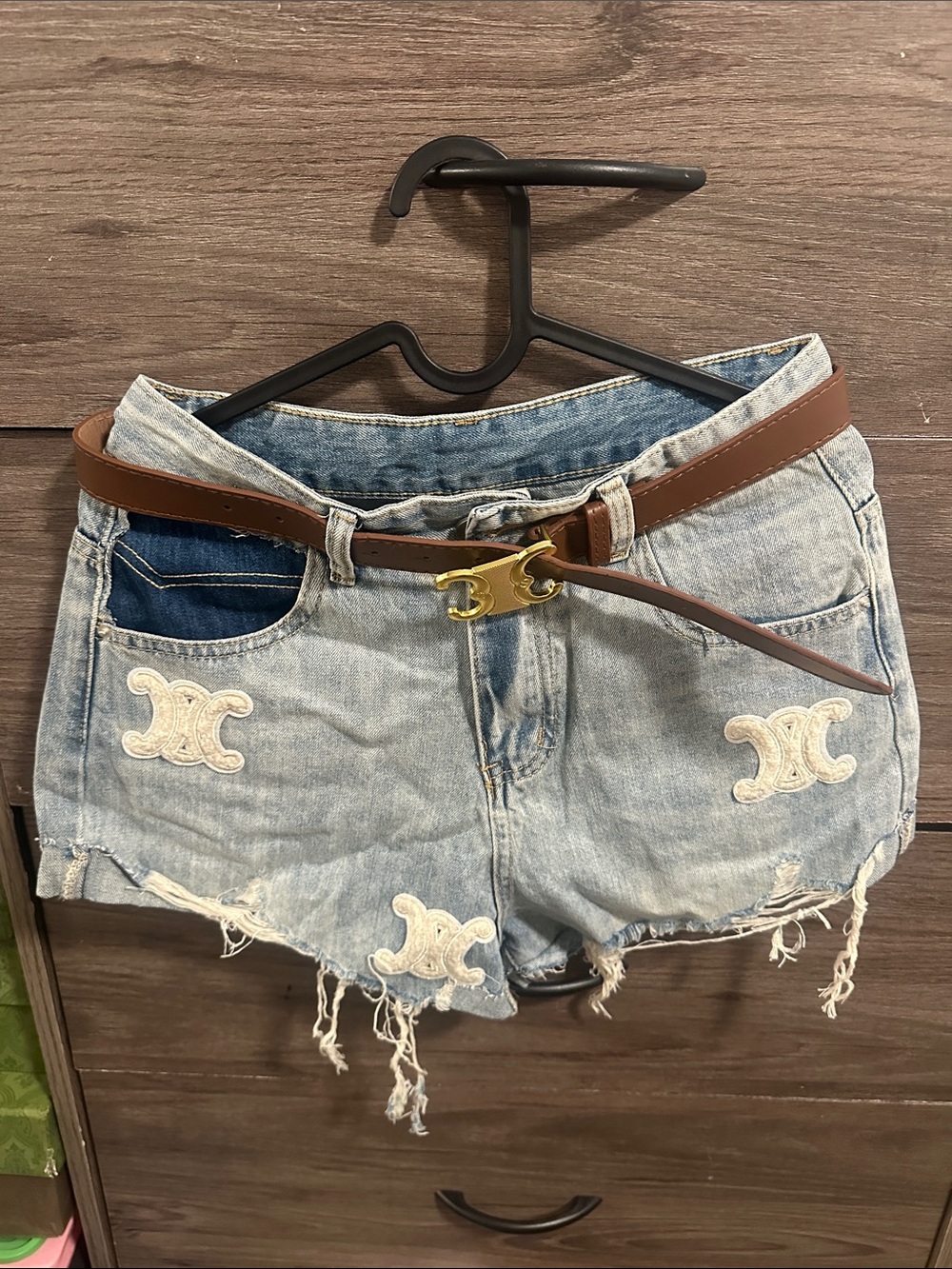 Light Blue Denim Distressed Women’s Shorts with Brown Belt size S